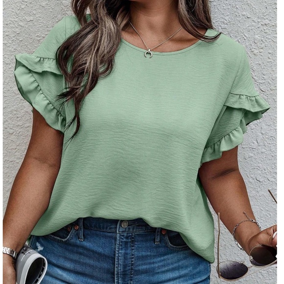 Plus Burgundy Solid Ruffle Petal Short Sleeve Top - Picture 2 of 15